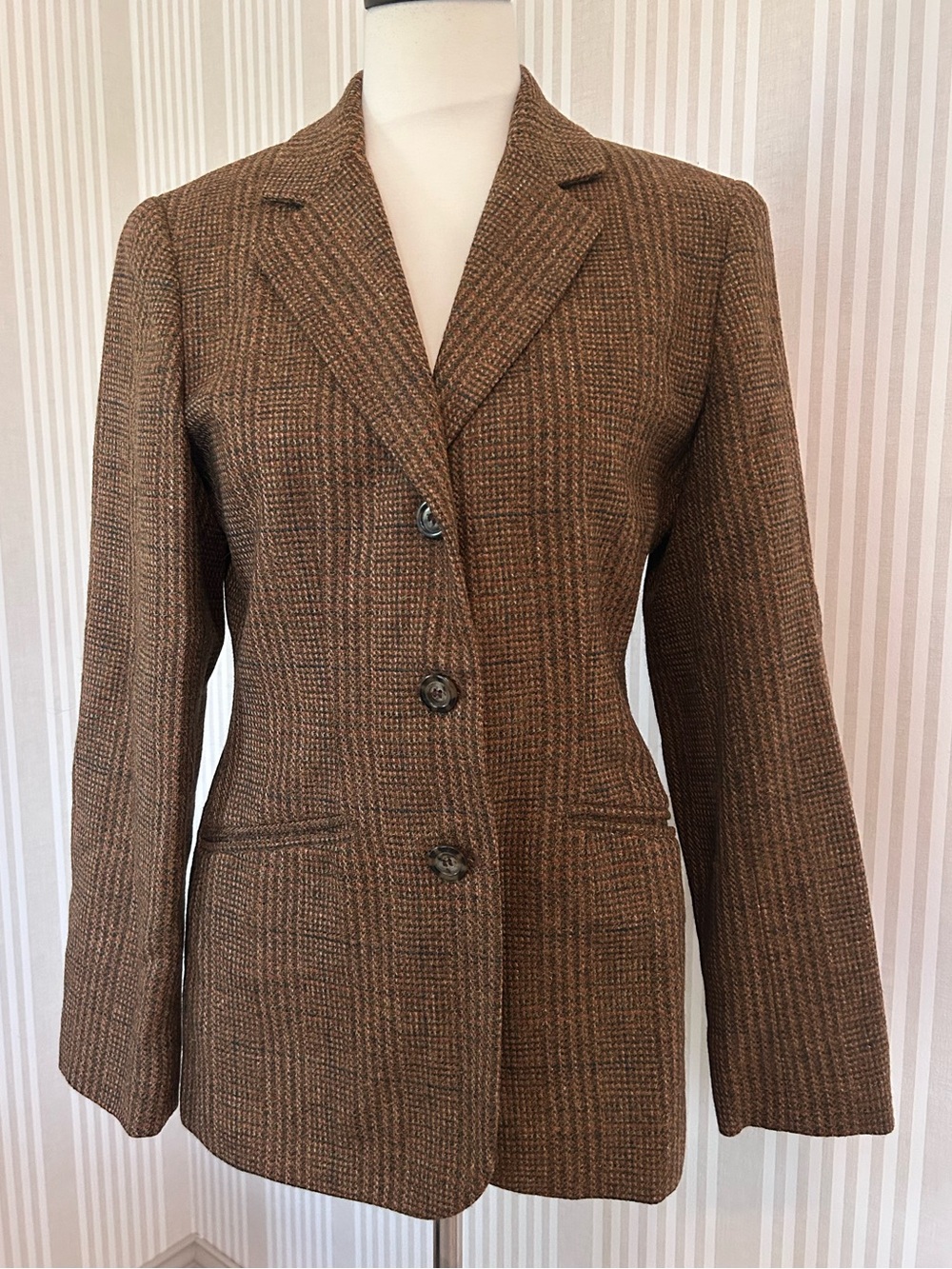 Vtg Jones New York Country 90s Women's Brown Herringbone Wool Blazer Size 4